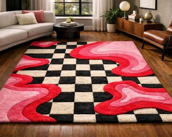 Funky Pink Checkered Rug, Melting Checkerboard Area Rug, Hand Tufted New Zealand Wool, Wavy Abstract Retro Decor, Y2K Maximalist Carpet