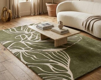 Moderner, handgetufteter Teppich mit botanischem Muster, grüner Blattwollteppich, 100 % neuseeländische Wolle, luxuriöser abstrakter Wohnzimmerteppich