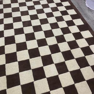Handmade Checkerboard Area Rug | Brown Cream 100% Wool Rug | Modern Straight Check Grid | Cozy Living Room Carpet image 4