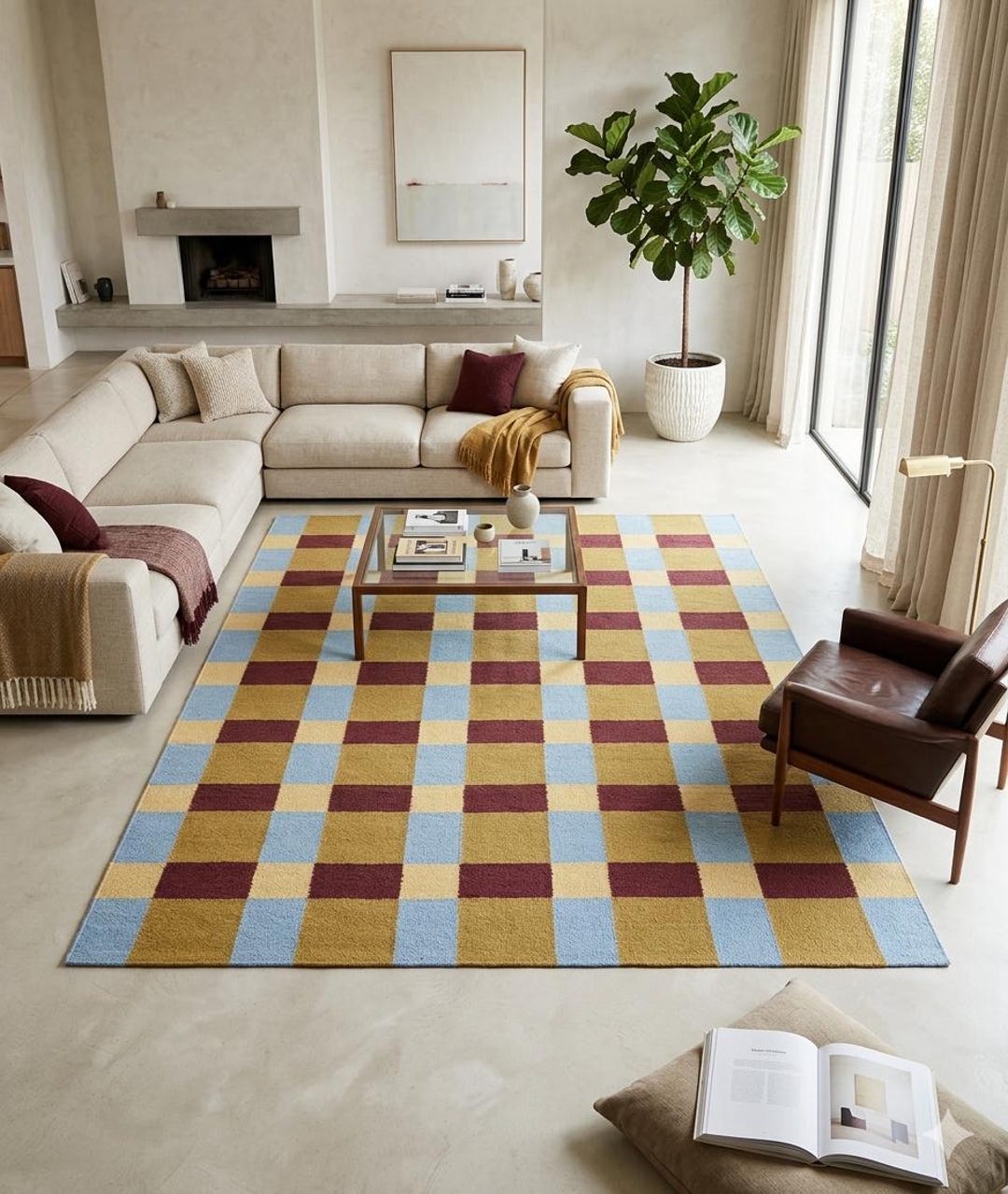 Bugundy Check Rug Handwoven Plaid Flatweave Rug | Checkered Area Rug in Mustard, Light ...
