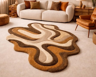 Abstract Wavy Wool Rug | Irregular Brown Beige Hand-Tufted Area Rug