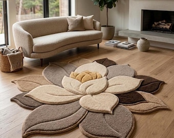 Boho-Teppich in Blumenform | Neutraler, dreidimensionaler, gesteppter Teppich mit botanischem Muster | Gemütliche Wohnzimmerdekoration