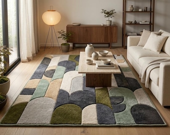 Handgetufteter geometrischer Wollteppich, abstrakter skandinavischer Japandi-Teppich in Salbeigrün