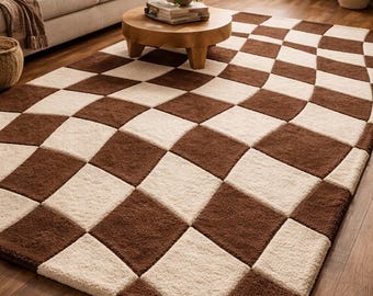 Hand Tufted Checkerboard Rug | Brown and Cream 100% Wool Area Rug | Modern Wavy Check Rug | Cozy Handmade Floor Carpet | Large area rug