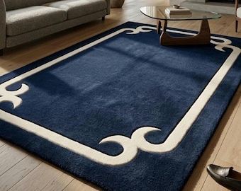 Marineblauer geometrischer Teppich, handgetufteter Wollteppich mit cremefarbenem Rand, Wohnzimmerteppich