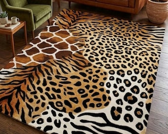 Handgetufteter Wollteppich mit Safari-Tiermuster, Leopard-, Zebra-, Tiger- und Giraffenmotiv, luxuriöser Dschungelteppich, individueller Wollteppich, moderne Wohnzimmerdekoration
