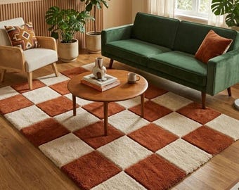 Terracotta Cream Checkerboard Shag Rug | Retro 70s Boho Tufted Carpet