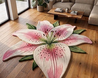Lilienblumen-Teppich, handgetufteter Wollteppich, rosa Blumenteppich, botanischer Teppich, Teppich in Sonderform, Wohnzimmerteppich, Schlafzimmerteppich, Geschenk
