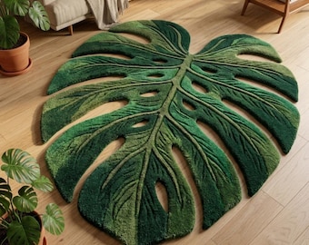 Handgetufteter Monstera-Blatt-Teppich | Lebendiger, botanisch geformter Teppich aus hochwertiger neuseeländischer Wolle | Tropisches Dschungeldekor von MINAAZRUGSART