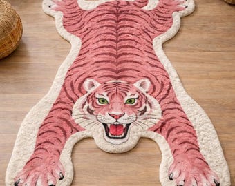 Hand-Tufted Pink Tiger Shape Rug | New Zealand Wool Irregular Animal Floor Art for Maximalist Decor.