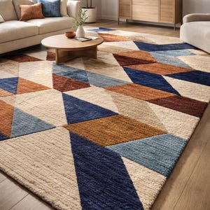 Tappeto di metà secolo color ruggine, blu e crema / Tappeto contemporaneo colorato / Arredamento per soggiorno alla moda e molto frequentato / Tappeto con arte geometrica audace