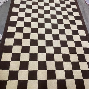 Handmade Checkerboard Area Rug | Brown Cream 100% Wool Rug | Modern Straight Check Grid | Cozy Living Room Carpet image 10