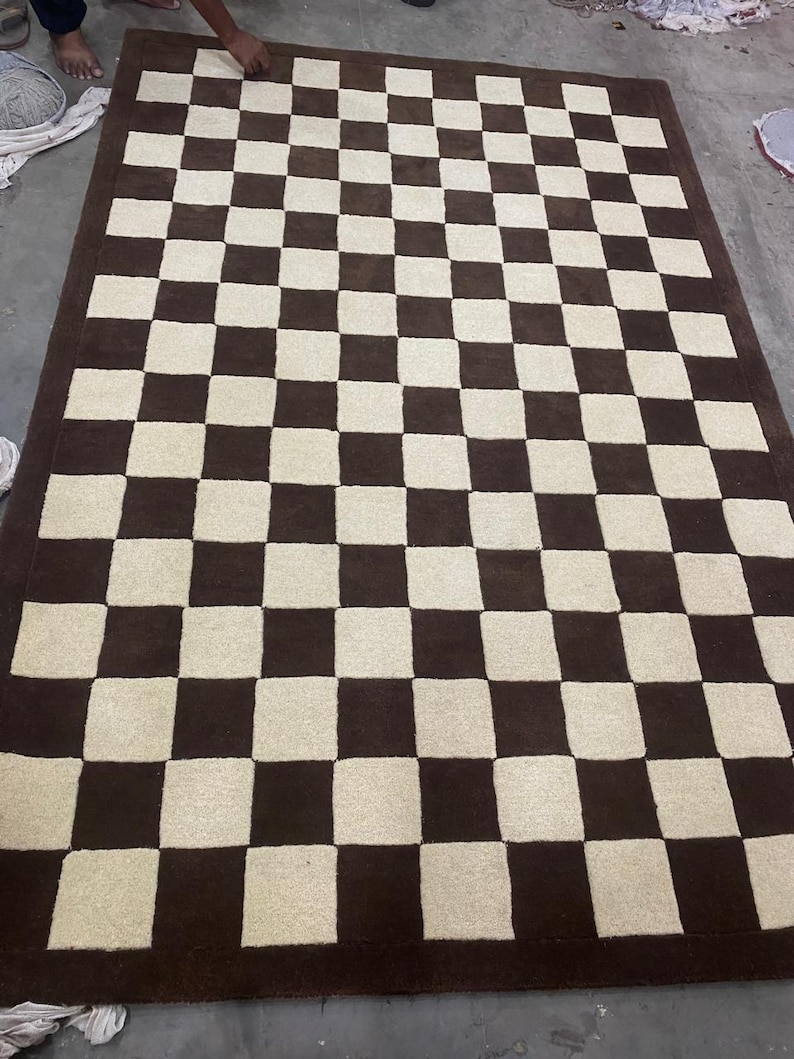Handmade Checkerboard Area Rug | Brown Cream 100% Wool Rug | Modern Straight Check Grid | Cozy Living Room Carpet image 10