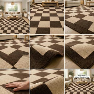 May include: A brown and beige checkered rug. The rug has a repeating pattern of squares in two colors. The rug is made of a soft material and has a border around the edges. The rug is shown in a living room setting.