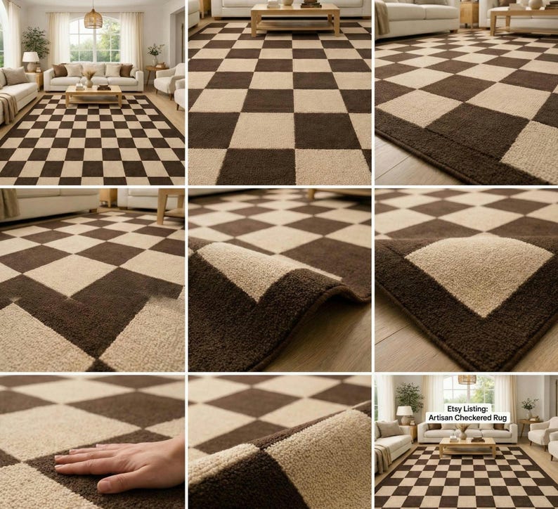 May include: A brown and beige checkered rug. The rug has a repeating pattern of squares in two colors. The rug is made of a soft material and has a border around the edges. The rug is shown in a living room setting.