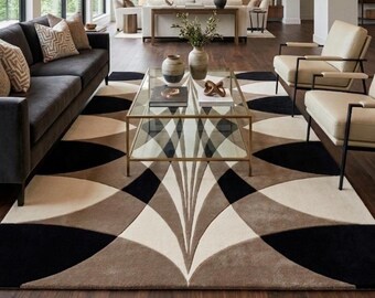Moderner geometrischer Teppich, handgetufteter Wollteppich, abstrakter neutraler Teppich, luxuriöser Wohnzimmerteppich, beige-schwarz-cremefarbener Teppich