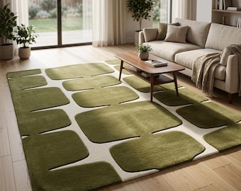 Olivgrüner Wollteppich, organischer, moderner geometrischer Teppich, handgetufteter Teppich, moderner Wohnzimmerteppich, minimalistischer Designerteppich