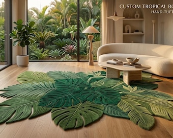 Handgetufteter Wollteppich mit Monstera-Blattmuster, 3D-geschnitzter botanischer Teppich