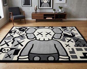 KAWS-inspirierter Teppich | Hypebeast-Zimmerdeko | Handgetufteter Teppich aus 100 % neuseeländischer Wolle | Streetwear-Pop-Art-Teppich | Urbaner Sneakerhead-Teppich