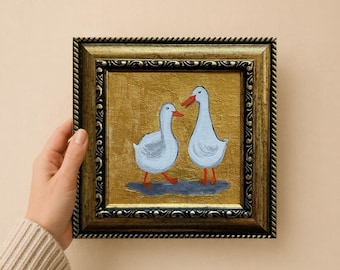 Goose Painting Original Art, Funny Geese Wall Art, Farm Animal Decor, Small Framed Painting, Unique Gift for Animal Lover