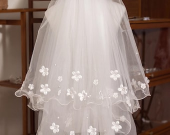 3D Blommig Pärla 2-nivå Brudhuvudbonad Puffig Fingertoppsaccessoar för Vårträdgårdsceremoni Romantiskt Bröllop Ljus Elfenben