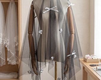 Svart transparent rosen slöja 1,5 m, brudhuvudbonad med rosett, gotisk romantisk brud, alternativt vigselbröllop, dramatisk mottagningslook