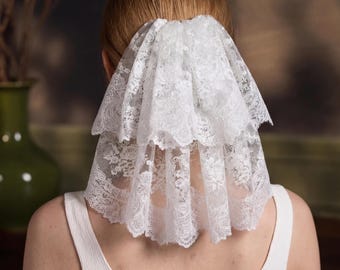 12in Lace Bridal Veil, Double Layer Short, Bachelorette Courthouse Elopement, for Bride, Vintage Romantic Style, Ivory Headpiece