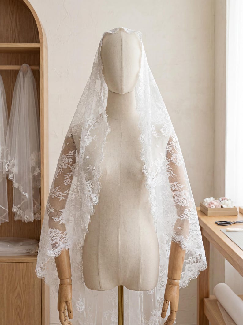 Full Lace Mantilla Veil Vintage Cathedral Length Scalloped Edge White Wedding Headpiece Soft Tulle Church Ceremony Classic Bride image 2