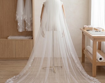 Katedralspets brudslöja med kam, ett lager broderad tyll, slöja för brud, domstolshus möhippa, för brud, romantiskt släp i bladkant