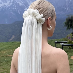 Peut inclure: Une mariée blonde porte un voile blanc et une coiffure florale. Le voile descend dans le dos, et l'arrière-plan présente une chaîne de montagnes et un paysage verdoyant. La mariée porte de grandes boucles d'oreilles blanches.