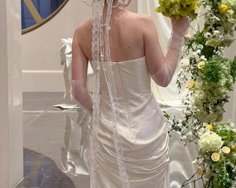 Coquette Pearl Bow, Lace Streamer Bridal Veil, White Satin Ribbon for Bachelorette, Rehearsal Dinner