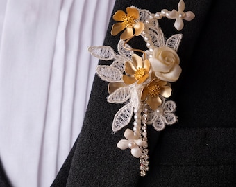 Pärlblommig Boutonniere Handgjord Brudgum Kavajblomma Matchande Armband Set Bröllop Förlovningsceremoni Baltillbehör