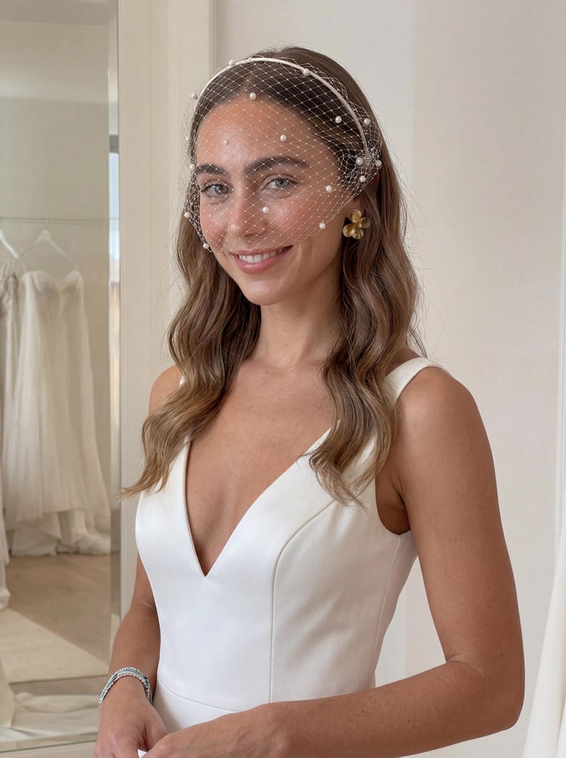 May include: A bride wearing a white dress and a pearl-studded veil. The veil is attached to a white headband and drapes over the face. Gold flower earrings and a bracelet complete the look. The background includes a mirror and white dresses.