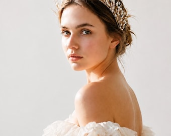 Gold Pearl Bridal Headband, Double Row, Wedding Elopement, for Bride to Be, French Vintage, Handcrafted Wheat Tiara