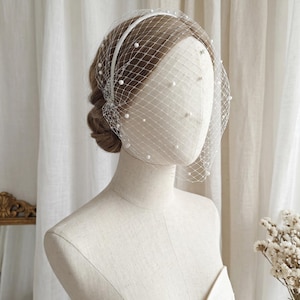 May include: A bridal headpiece featuring a white headband and a delicate net veil. The veil is adorned with scattered, small, white pearls. The headpiece is displayed on a mannequin, showcasing its design and details. The overall aesthetic is elegant and suitable for weddings.