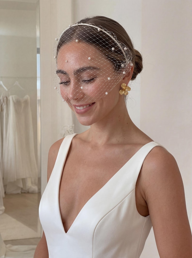 May include: A bride wearing a white wedding dress with a deep V-neckline. She is wearing a delicate white veil with pearl accents and gold flower earrings. The background shows a bridal shop with wedding dresses.