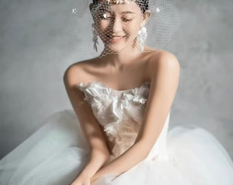 Apelsinblomma Fågelburslöja Handgjord Blommig Halo Bröllopshuvudbonad Vintage Fransk Nät Elfenben Kort Slöja Trädgårdsceremoni Dusch