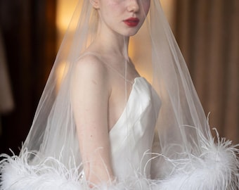 Ostrich Feather Wedding Veil, Long Drop Bridal Blusher with Trim, Modern Glamorous Winter Bride