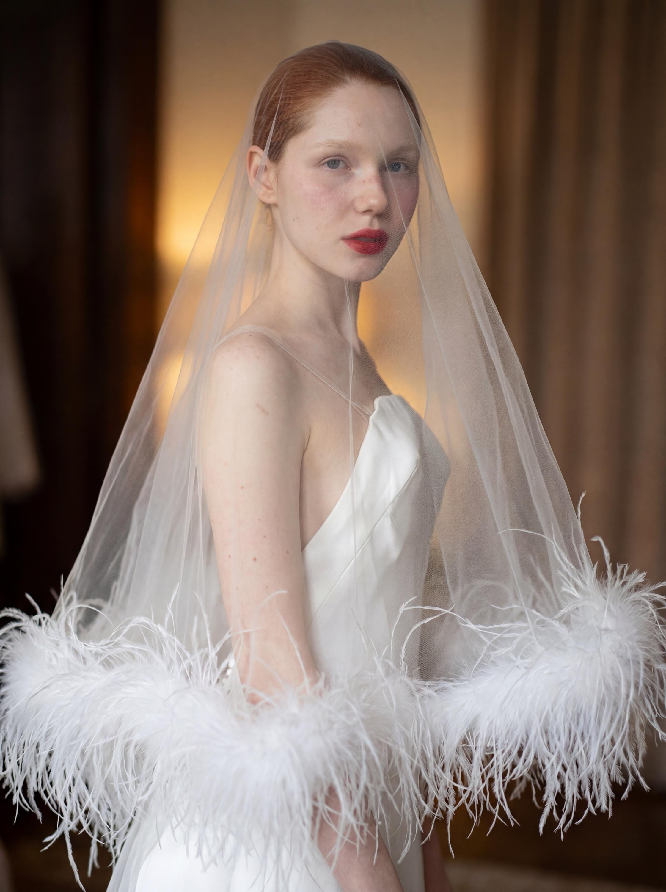 Custom Design - Pale Pink Layered Fingertip Length Veil with Ostrich Feather bardot-blush-pink-ostrich-  main image 2