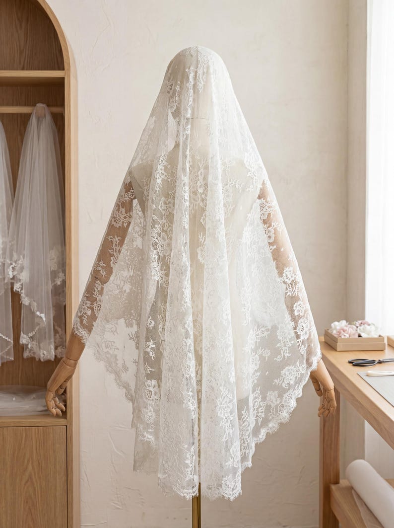 Full Lace Mantilla Veil Vintage Cathedral Length Scalloped Edge White Wedding Headpiece Soft Tulle Church Ceremony Classic Bride image 5