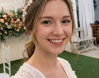 Pärlhårband för brud, handgjort trådlindat band, bröllopsceremoni och mottagning, för brud, barockstil, pärlhårsmycke