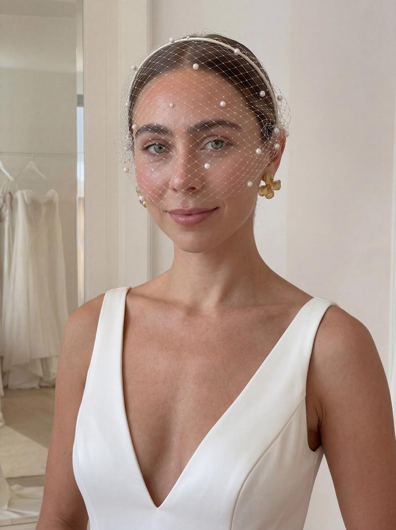 May include: A bride wearing a white veil with scattered pearls and a matching headband. The veil is a fine net that covers the face. She is wearing gold flower earrings and a white sleeveless dress with a deep V-neck.