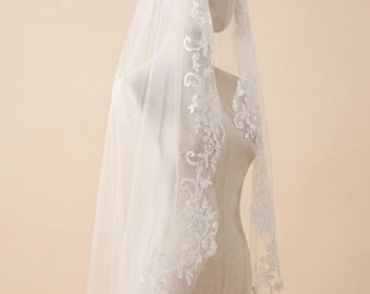 94 cm spets brudslöja med kam, ett lager tyll, slöja för bröllop, domstolshus möhippa, för brud, romantisk blommig kant