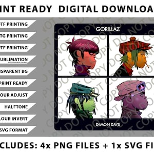 May include: Digital download graphic featuring four stylized portraits of Gorillaz band members from the album "Demon Days." The image includes text: "Print Ready Digital Downloads," and file type information.