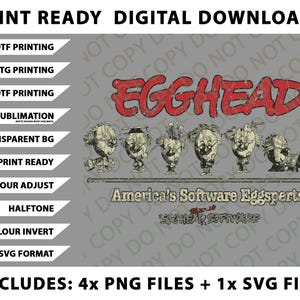 May include: Digital download graphic with the word "EGGHEAD" in red, and a distressed font. Below, a line of cartoon characters with egg-shaped heads. Text includes "America's Software Eggsperts" and "EGGHEAD SOFTWARE". Includes 4 PNG files and 1 SVG file.