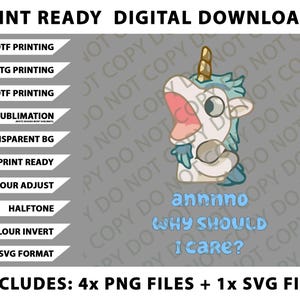 Può includere: Grafica scaricabile digitalmente con un unicorno dei cartoni animati con criniera blu e corno dorato. L'unicorno ha un'espressione sorpresa e il testo "annnno why should I care?" in azzurro. Include file PNG e SVG.