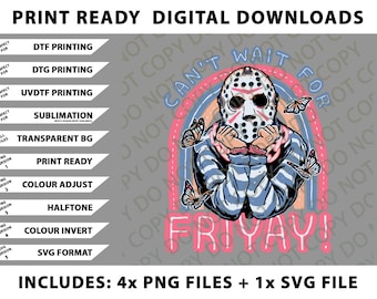 ¡No puedo esperar al viernes! Viernes 13, Jason Voorhees, Terror de los 80, Paquete PNG de Halloween arcoíris, Archivos SVG, Descargas digitales