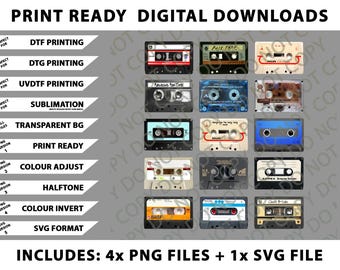 May include: Digital download graphic featuring a collection of vintage cassette tapes in various colors and designs. The image includes text indicating print-ready files for DTF, DTG, UVDTF printing, and sublimation. Includes 4 PNG files and 1 SVG file.