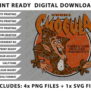 Könnte beinhalten: Digitaler Download-Grafik mit einem Cartoon-Charakter im Retro-Stil und dem Wort "Chocula" in Orange. Das Design enthält den Text "Schokoladen-Geschmack, gefrostete Cerealien + Marshmallow-Stückchen". Enthält 4 PNG-Dateien und 1 SVG-Datei.