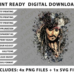 May include: Digital download featuring a watercolor-style portrait of a pirate with a hat and dreadlocks. The image includes text indicating print-ready files, various printing methods, and file formats, including PNG and SVG.
